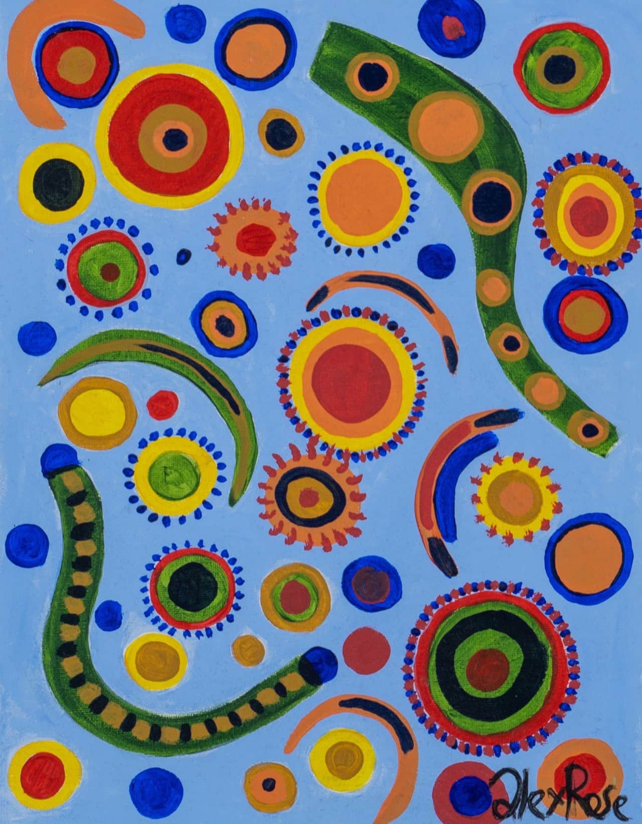 Bold abstract painting with bright red, yellow, and blue concentric circles on a sky-blue background with curving green shapes between them