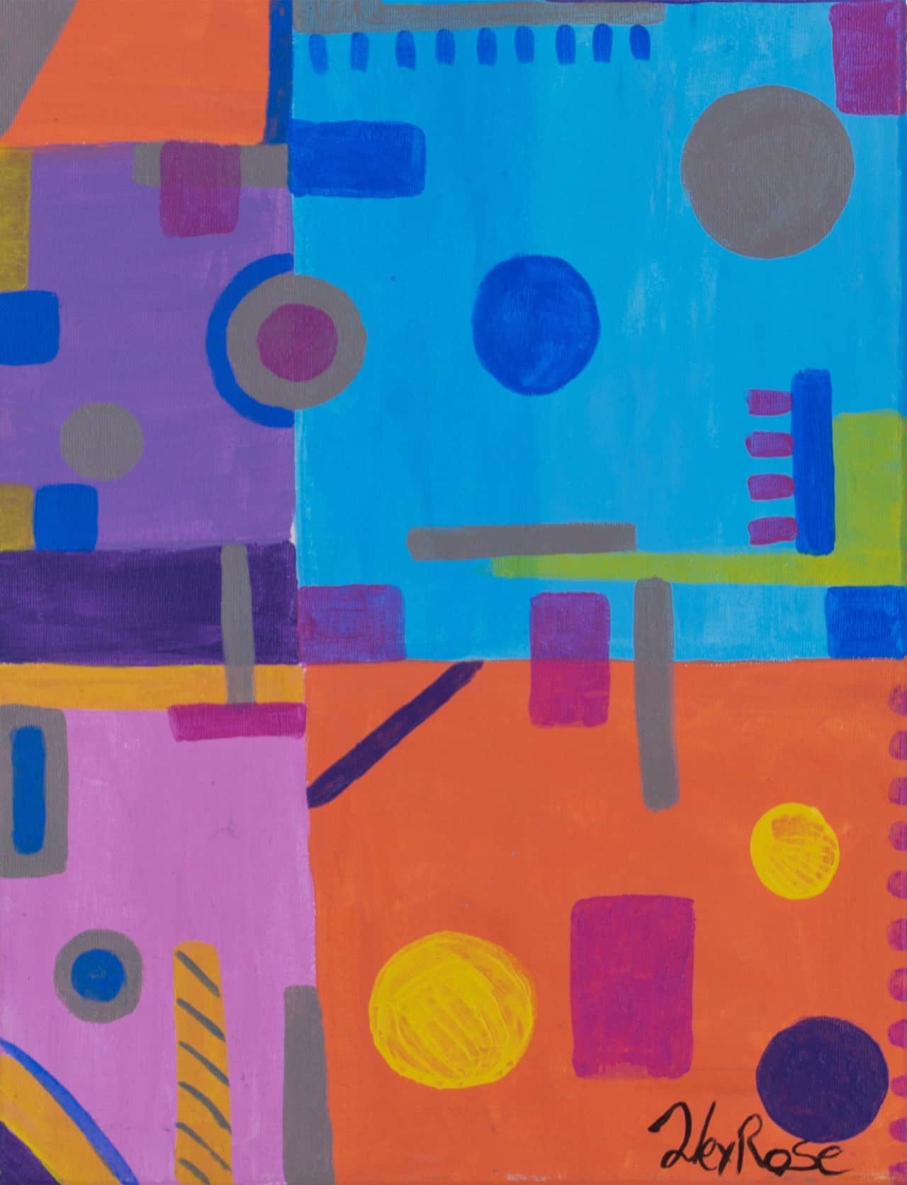 Bold geometric painting with purple, sky blue, pink, and orange blocks filled with circles, squares, and stripes resembling a friendly robot face