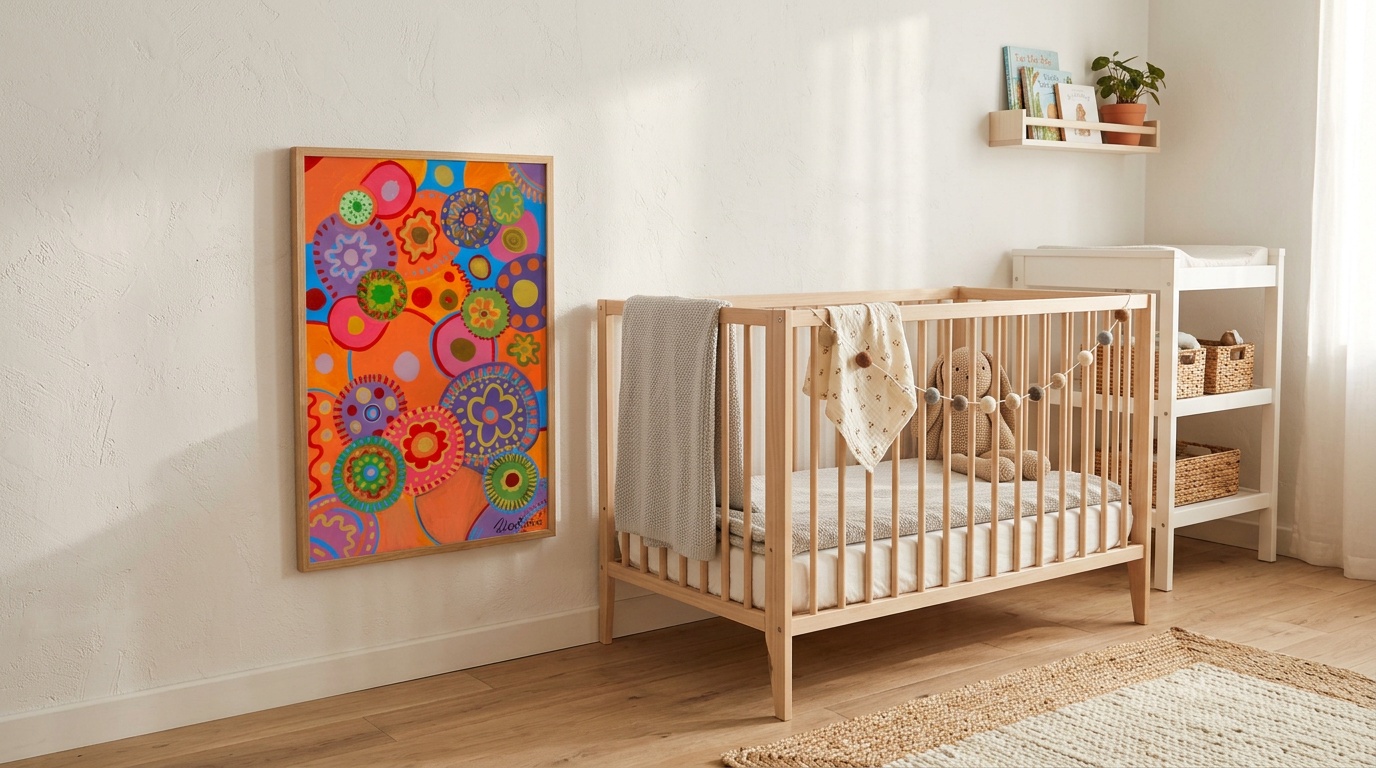 A cosy nursery with bold high-contrast abstract paintings hung at baby eye level, natural light, wooden cot