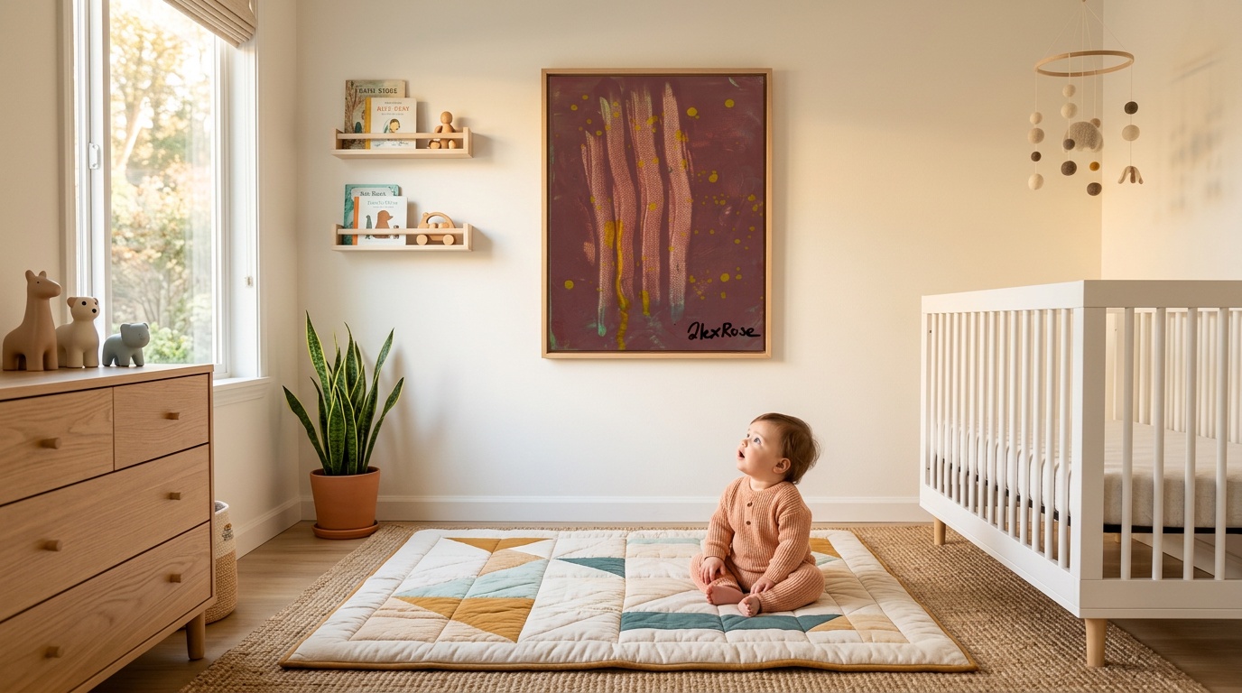 Abstract artwork with strong black and white patterns and pops of primary red and blue, thick acrylic paint style