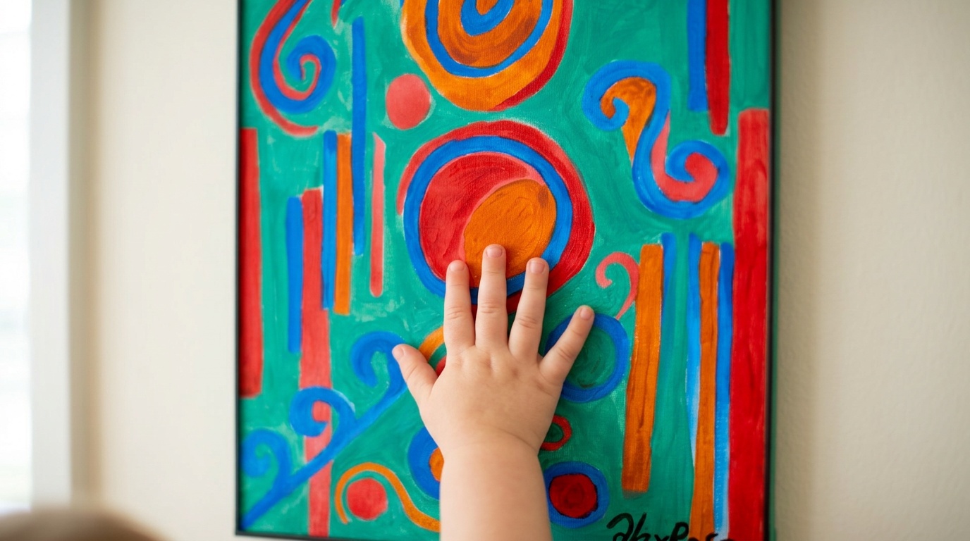 A bright colourful abstract painting with circles, spirals, and geometric shapes in bold primary colours against a dark background, thick acrylic