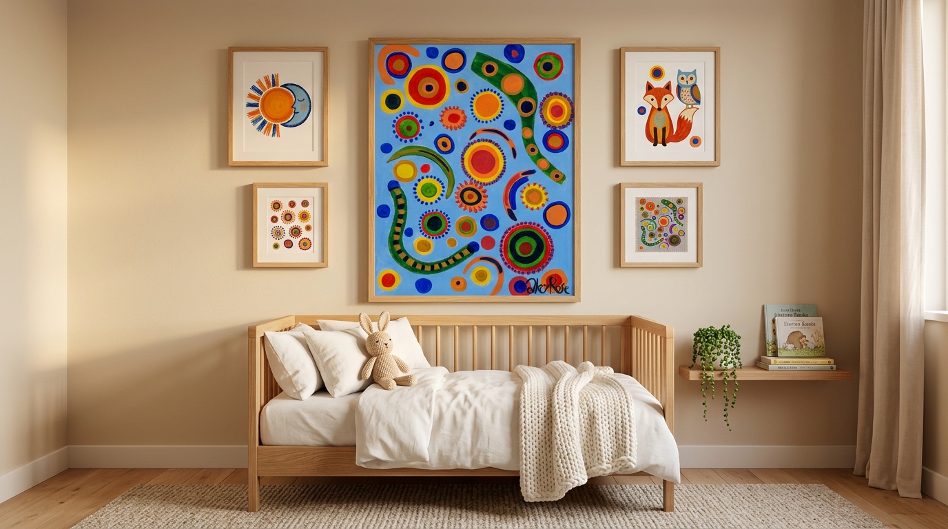 Beautiful bright nursery with a gallery wall of bold abstract art prints in different sizes, white walls, natural wood cot and furniture, warm natural light