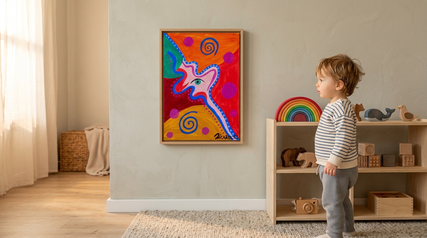 Cosy nursery corner with a bold colourful abstract art print hung at the perfect height next to a wooden cot, showing ideal placement